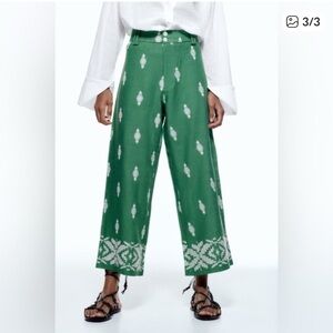 Zara Embroidered Green Linen Pants Small